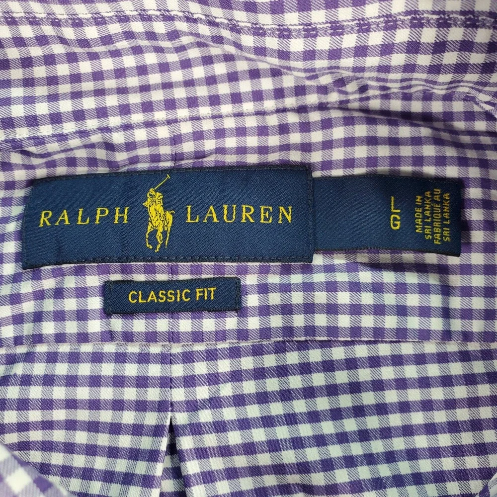 Polo Ralph Lauren Mens Large Classic Fit Gingham Performance Shirt Purple White